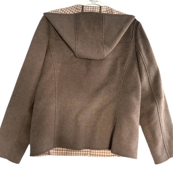 Lands’ End Wool hooded Coat Taupe Plaid interior Button up Women’s 10 Warm Cozy - Picture 3 of 11